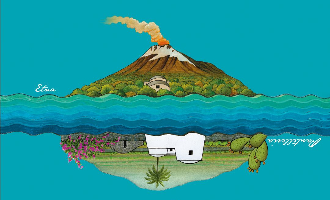 Etna e Pantelleria illustrati come simboli dei territori del vino Donnafugata