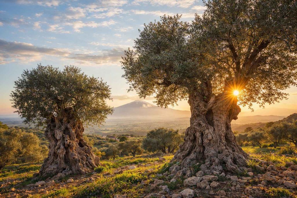 Ulivi secolari in Sicilia con l’Etna sullo sfondo al tramonto, simbolo dell’oleoturismo come leva strategica per lo sviluppo del territorio.