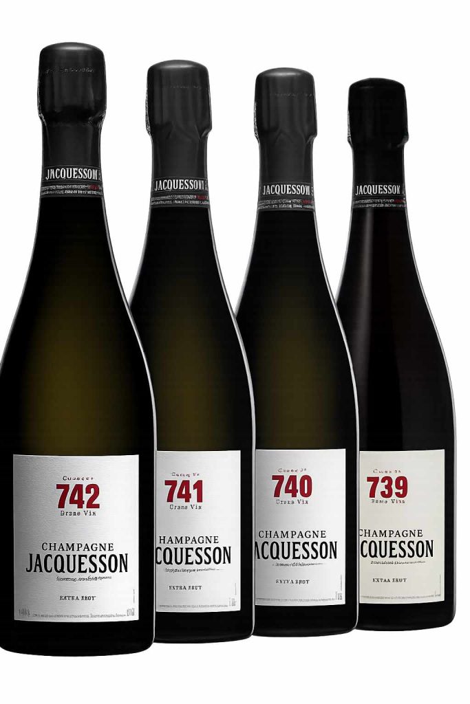 Quattro bottiglie di Champagne Jacquesson allineate verticalmente, cuvée numerate 742, 741, 740 e 739